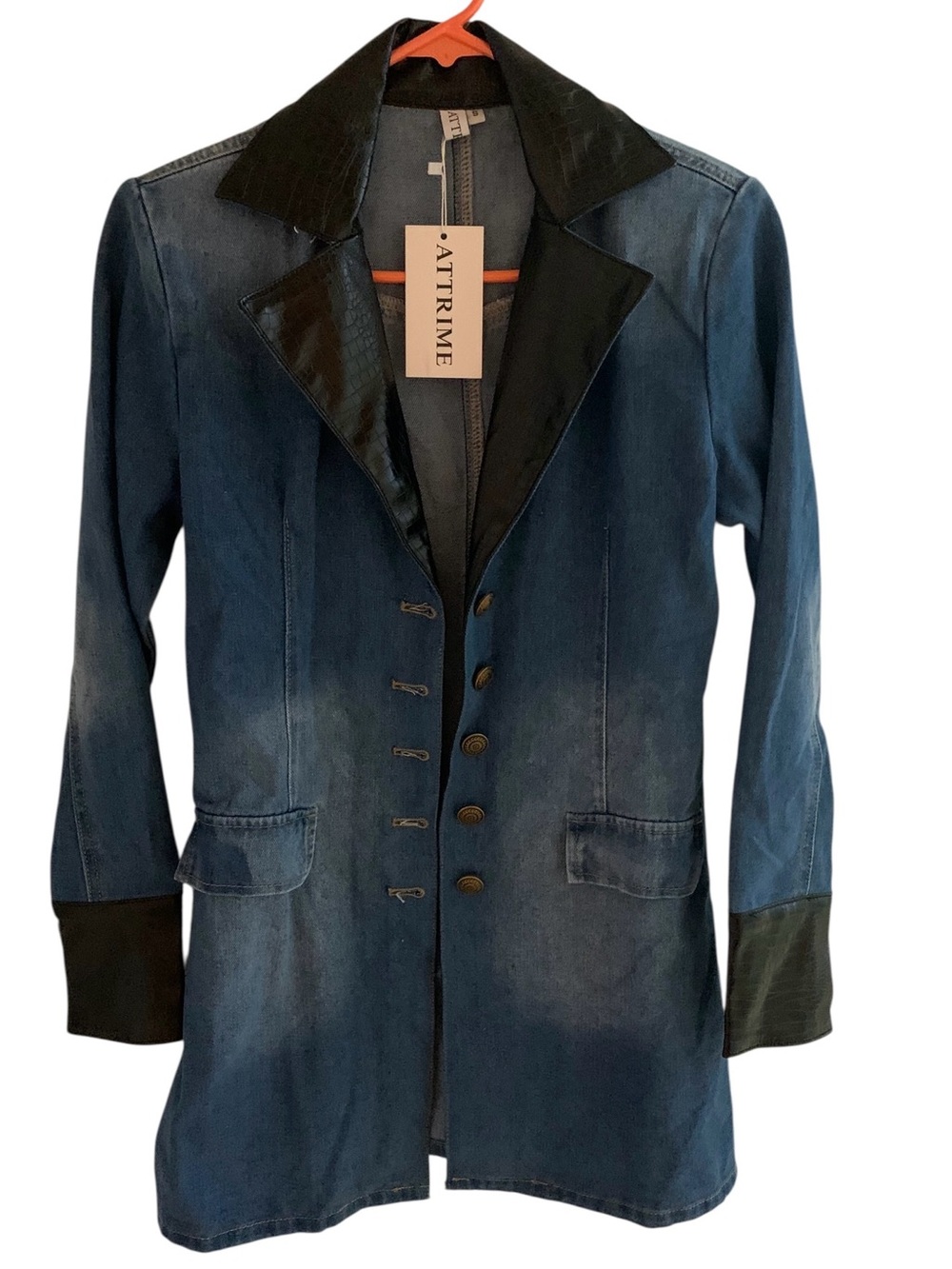 Denim-Style Long Blazer with Black Trim